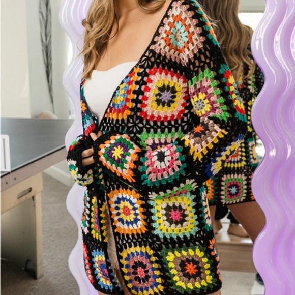 Handmade Crochet Black Granny Square Cardigan - Picture 4 of 17